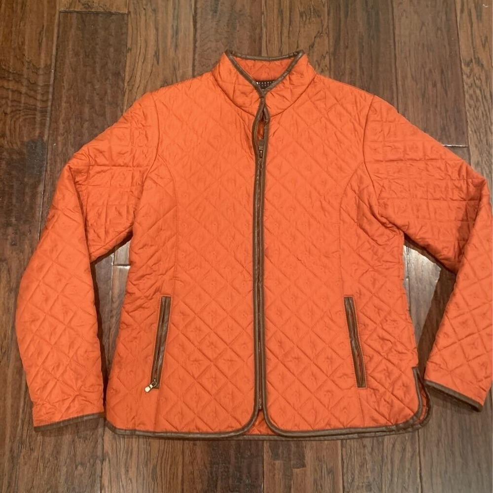 Carole Little Womens Quilted Jacket Orange Full Zipper Pockets Mock Neck Lined M